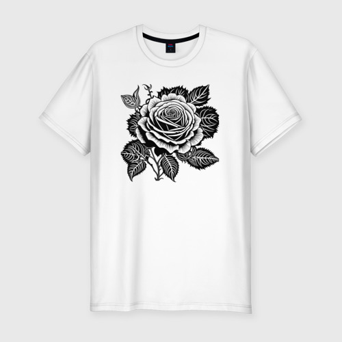 Мужская футболка хлопок Slim с принтом Чёрно белая роза, вид спереди #2