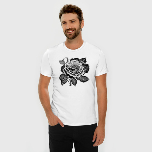 Мужская футболка хлопок Slim с принтом Чёрно белая роза, фото на моделе #1