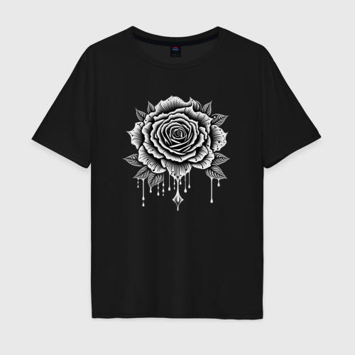 Мужская футболка хлопок Oversize Черно белая роза цветы , цвет черный