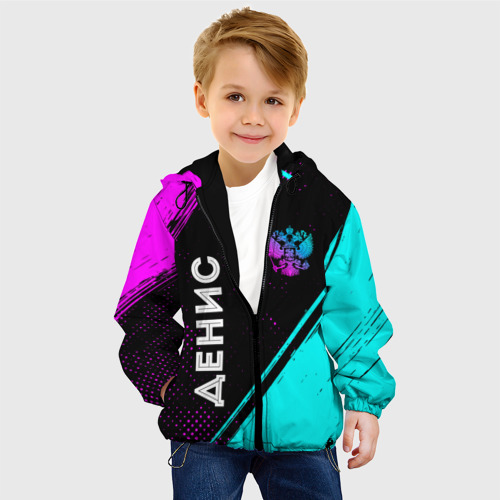 Детская куртка 3D Денис и неоновый герб России вертикально, цвет черный - фото 3