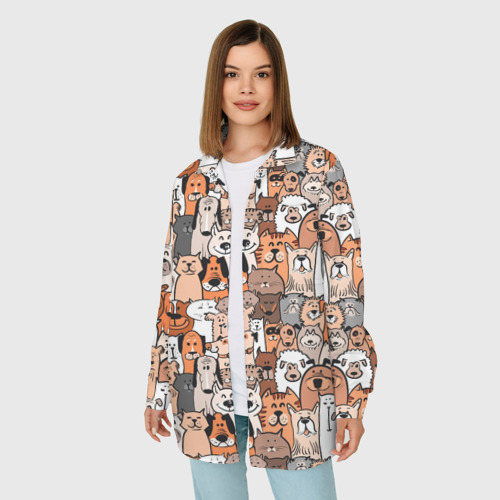 Женская рубашка oversize 3D с принтом Собаки и коты разных пород, фото на моделе #1