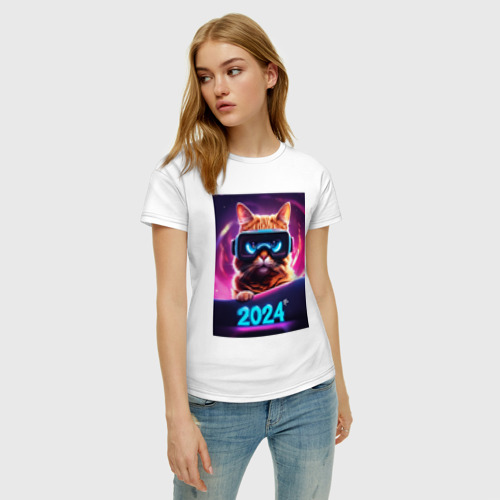 Женская футболка хлопок Новогодний кот 2024, цвет белый - фото 3