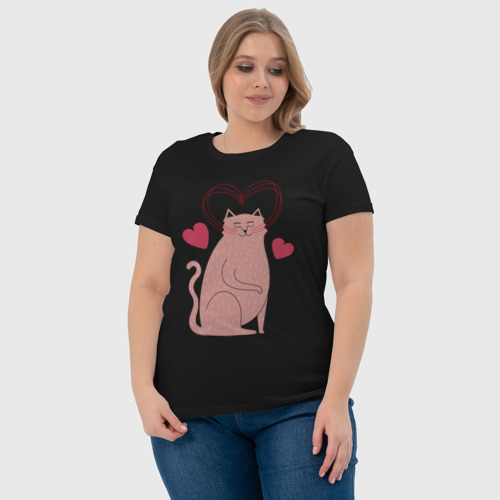 Женская футболка хлопок Влюблённая кошечка, цвет черный - фото 6