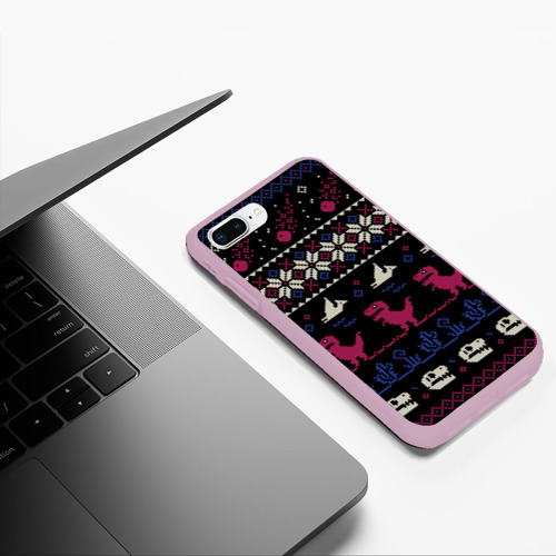 Чехол для iPhone 7Plus/8 Plus матовый Доисторический ugly свитер c динозавриками из пикселей, цвет розовый - фото 5