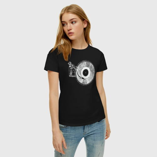 Женская футболка хлопок Music vinyl, цвет черный - фото 3
