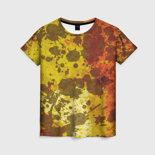 Женская футболка 3D с принтом Абстракция - темные пятна на желто-оранжевом, вид спереди #2