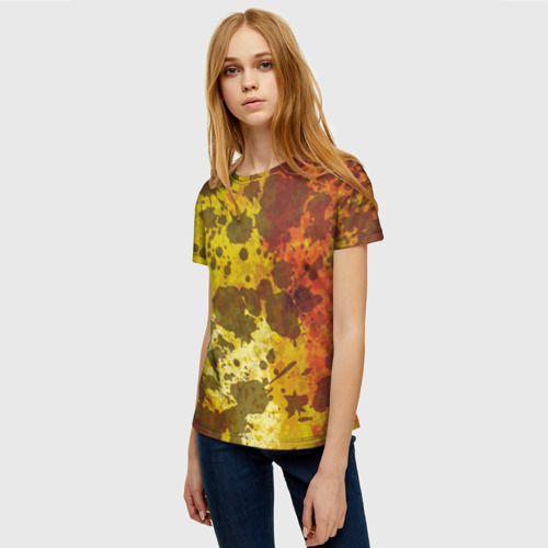 Женская футболка 3D с принтом Абстракция - темные пятна на желто-оранжевом, фото на моделе #1