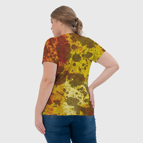 Женская футболка 3D с принтом Абстракция - темные пятна на желто-оранжевом, вид сзади #2