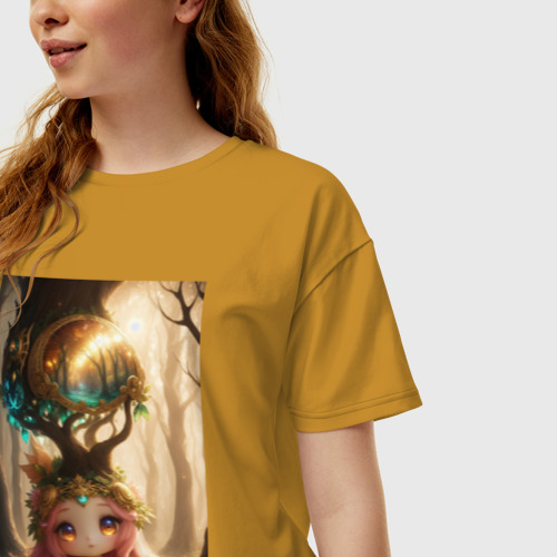 Женская футболка хлопок Oversize Девочка лесной дух, цвет горчичный - фото 3