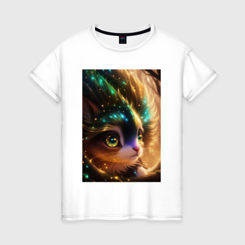 Женская футболка из хлопка с принтом Волшебный котик, вид спереди №1