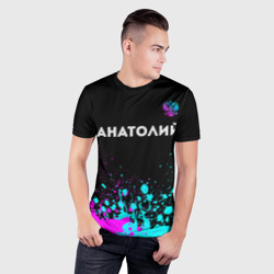 Мужская футболка 3D Slim Анатолий и неоновый герб России посередине - фото 2