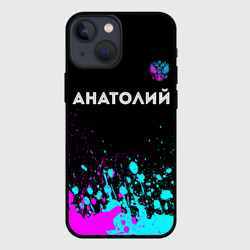 Чехол для iPhone 13 mini Анатолий и неоновый герб России посередине