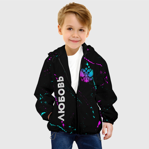 Детская куртка 3D Любовь и неоновый герб России вертикально, цвет черный - фото 3
