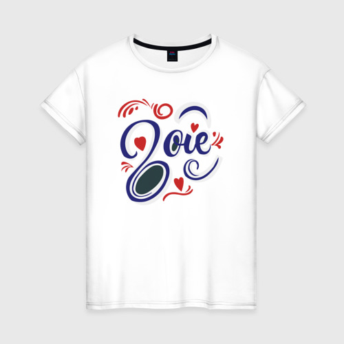 Женская футболка из хлопка с принтом Зоя и сердечки, вид спереди №1