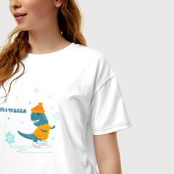 Женская футболка хлопок Oversize Динозавр на коньках на льду - фото 2