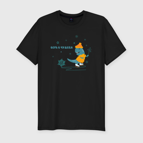 Мужская футболка хлопок Slim Динозавр на коньках на льду, цвет черный