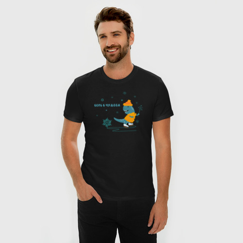Мужская футболка хлопок Slim Динозавр на коньках на льду, цвет черный - фото 3