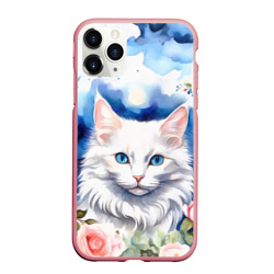 Чехол для iPhone 11 Pro Max матовый Акварель белый кот и розы
