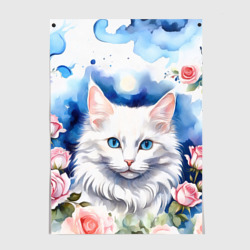 Постер Акварель белый кот и розы