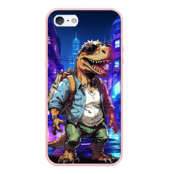 Чехол для iPhone 5/5S матовый Киберпанк динозавр на фоне города