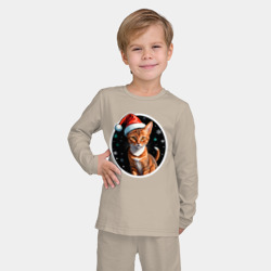 Детская пижама с лонгсливом хлопок Кот Абиссинской породы в новогодней шапке - фото 2