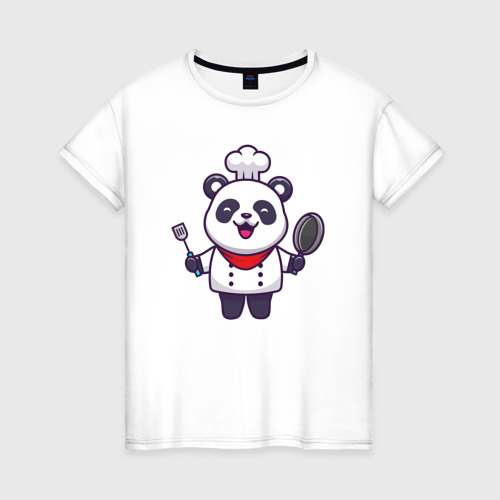 Женская футболка из хлопка с принтом Повар панда, вид спереди №1