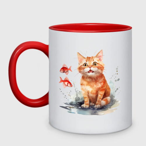 Кружка двухцветная с принтом Рыжий котенок в луже, вид спереди №1