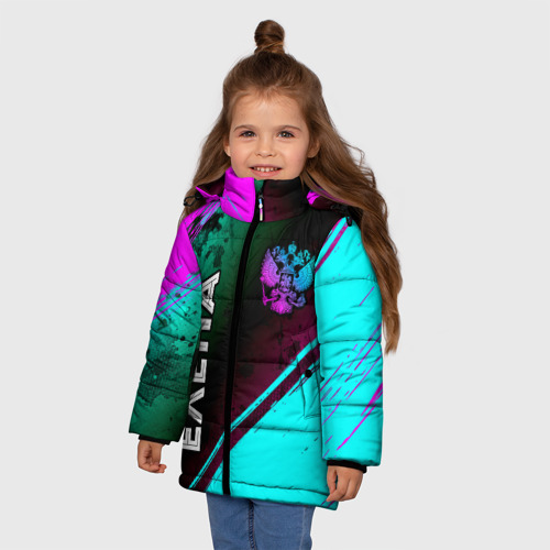 Зимняя куртка для девочек 3D Елена и неоновый герб России вертикально, цвет черный - фото 3