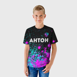 Детская футболка 3D Антон и неоновый герб России посередине - фото 2