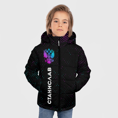 Зимняя куртка для мальчиков 3D Станислав и неоновый герб России по-вертикали, цвет черный - фото 3