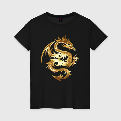 Женская футболка хлопок с принтом Дракон из золота, вид спереди #2
