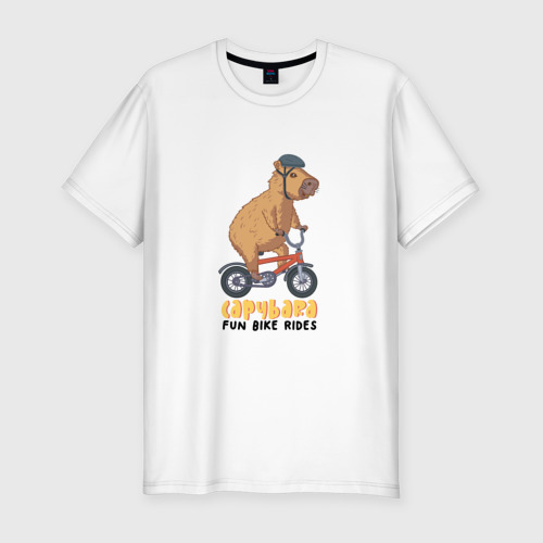 Мужская футболка хлопок Slim с принтом Капибара велосипедист катается, вид спереди #2