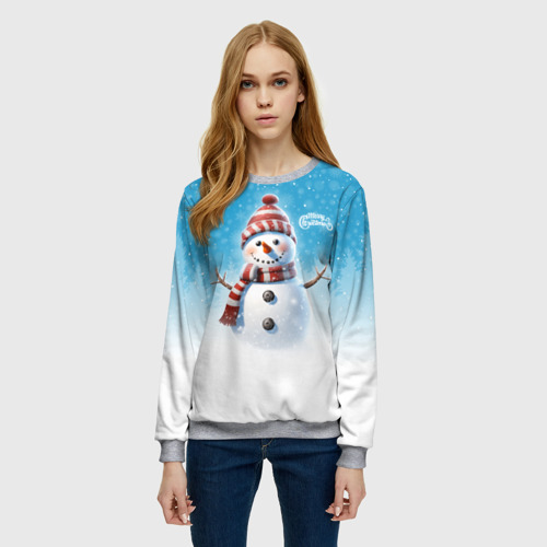 Женский свитшот 3D с принтом Веселый снеговичок, фото на моделе #1