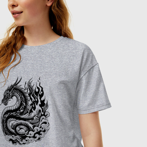 Женская футболка хлопок Oversize Японский дракон - ирезуми, цвет меланж - фото 3