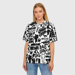 Женская футболка oversize 3D Билли Айлиш автографы черно белый - фото 2