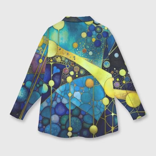 Женская рубашка oversize 3D с принтом Абстракция в жёлто синих тонах с кругами и линиями, вид сзади #1