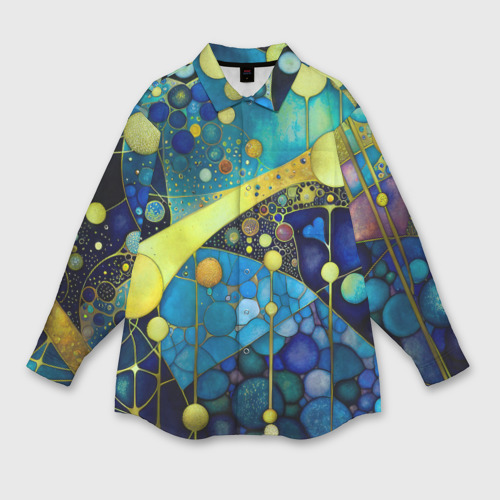 Женская рубашка oversize 3D с принтом Абстракция в жёлто синих тонах с кругами и линиями, вид спереди #2