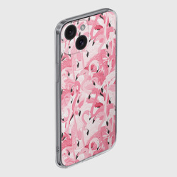 Чехол для iPhone 15 силиконовый с защитой камеры Стая розовых фламинго - фото 2