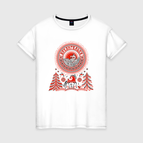 Женская футболка из хлопка с принтом Архангельск в стиле мезенской росписи, вид спереди №1