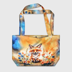Пляжная сумка 3D Рыжая лиса с цветами акварелью
