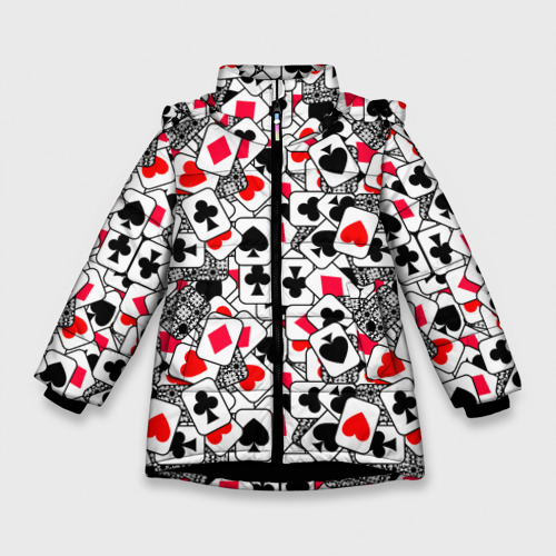 Зимняя куртка для девочек 3D с принтом Игральные карты -тузы, вид спереди #2