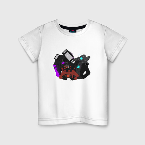 Детская футболка из хлопка с принтом Камерамен ТВ мен м Спикермен, вид спереди №1