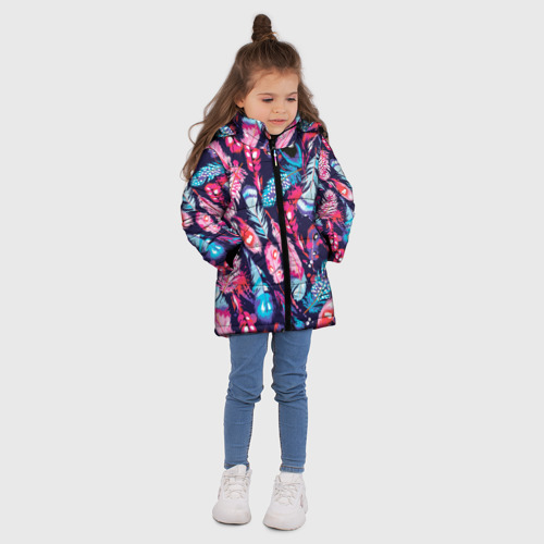 Зимняя куртка для девочек 3D Экзотические перья разноцветные, цвет черный - фото 5