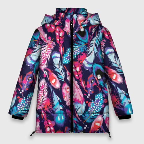 Женская зимняя куртка Oversize Экзотические перья разноцветные, цвет черный