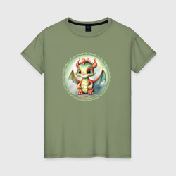 Женская футболка хлопок Зеленый дракончик в акварельном стиле