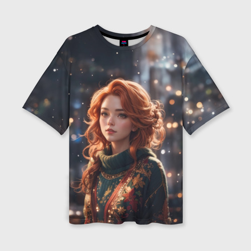 Женская футболка oversize 3D Девушка в новогодней кофте , цвет 3D печать