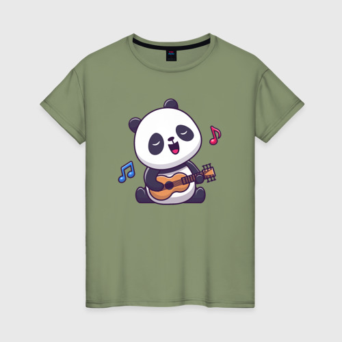 Женская футболка хлопок Панда с гитарой, цвет авокадо