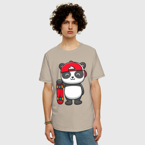 Мужская футболка хлопок Oversize Панда скейтер, цвет миндальный - фото 3