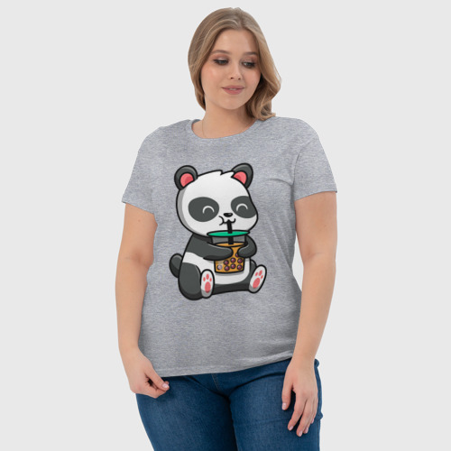 Женская футболка хлопок Панда пьёт напиток, цвет меланж - фото 6