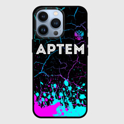 Чехол для iPhone 13 Pro Артем и неоновый герб России посередине